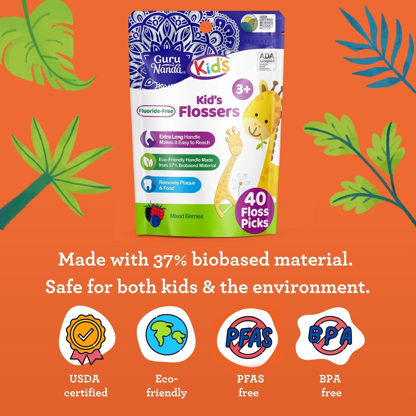 Kids' Giraffe Shaped Flossers, Fluoride -Free - 40 Pack