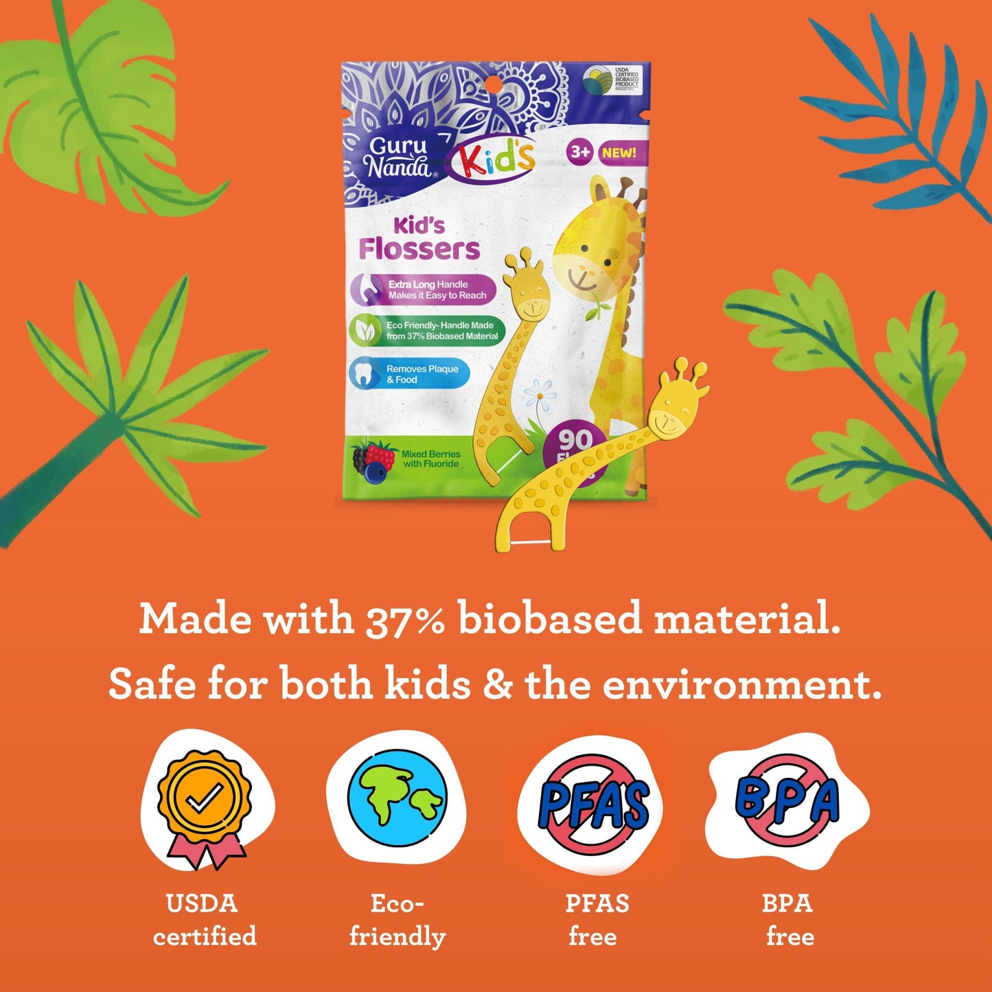 Kids' Giraffe Shaped Flossers, Fluoride -Free ¨C 90 Pack