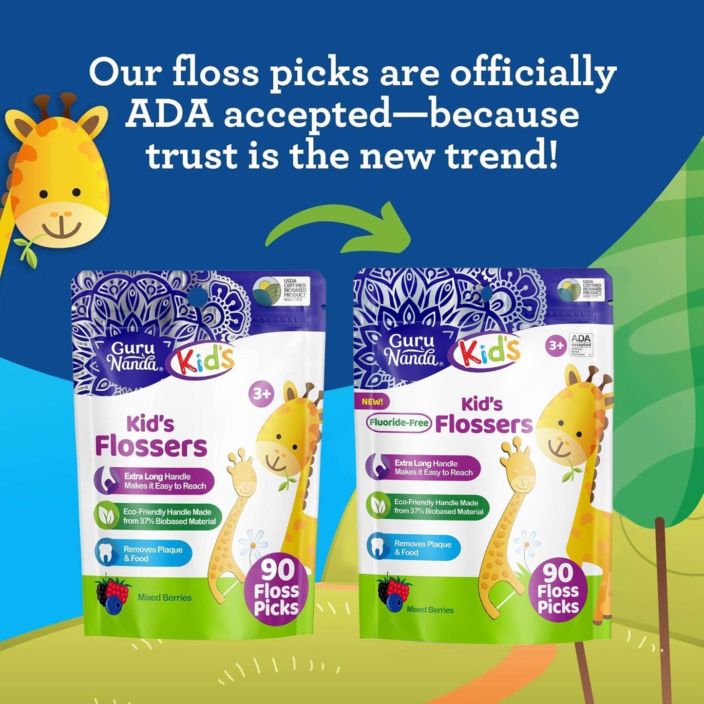 Kids' Giraffe Shaped Flossers, Fluoride -Free ¨C 90 Pack