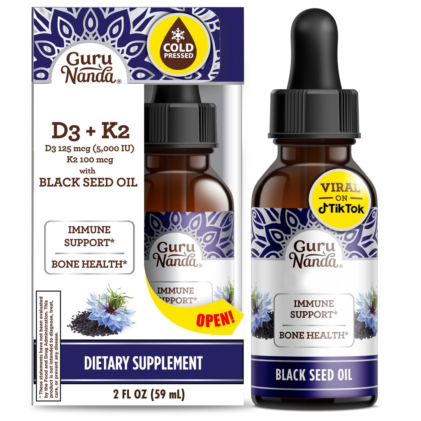 Natural Cold Pressed Black Seed Oil With Vitamin D3, K2 & E