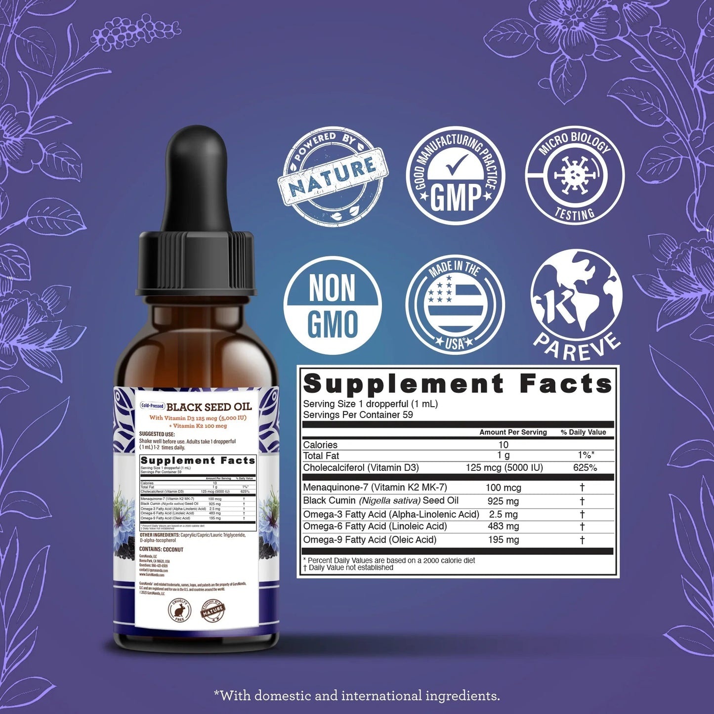 Natural Cold Pressed Black Seed Oil With Vitamin D3, K2 & E