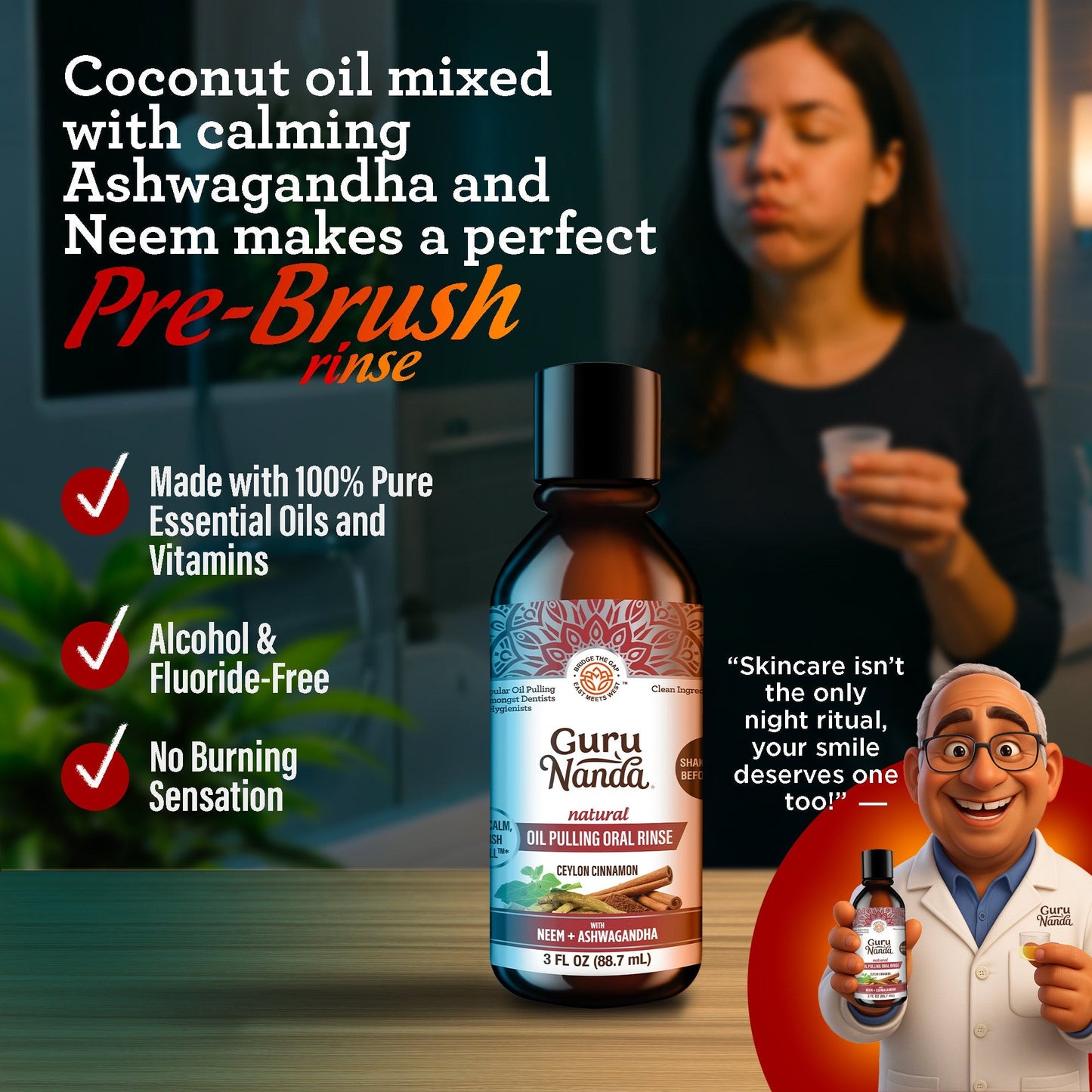 Travel Size - Coconut & Cinnamon Oil Pulling Flavor + Neem & Ashwagandha - 3oz